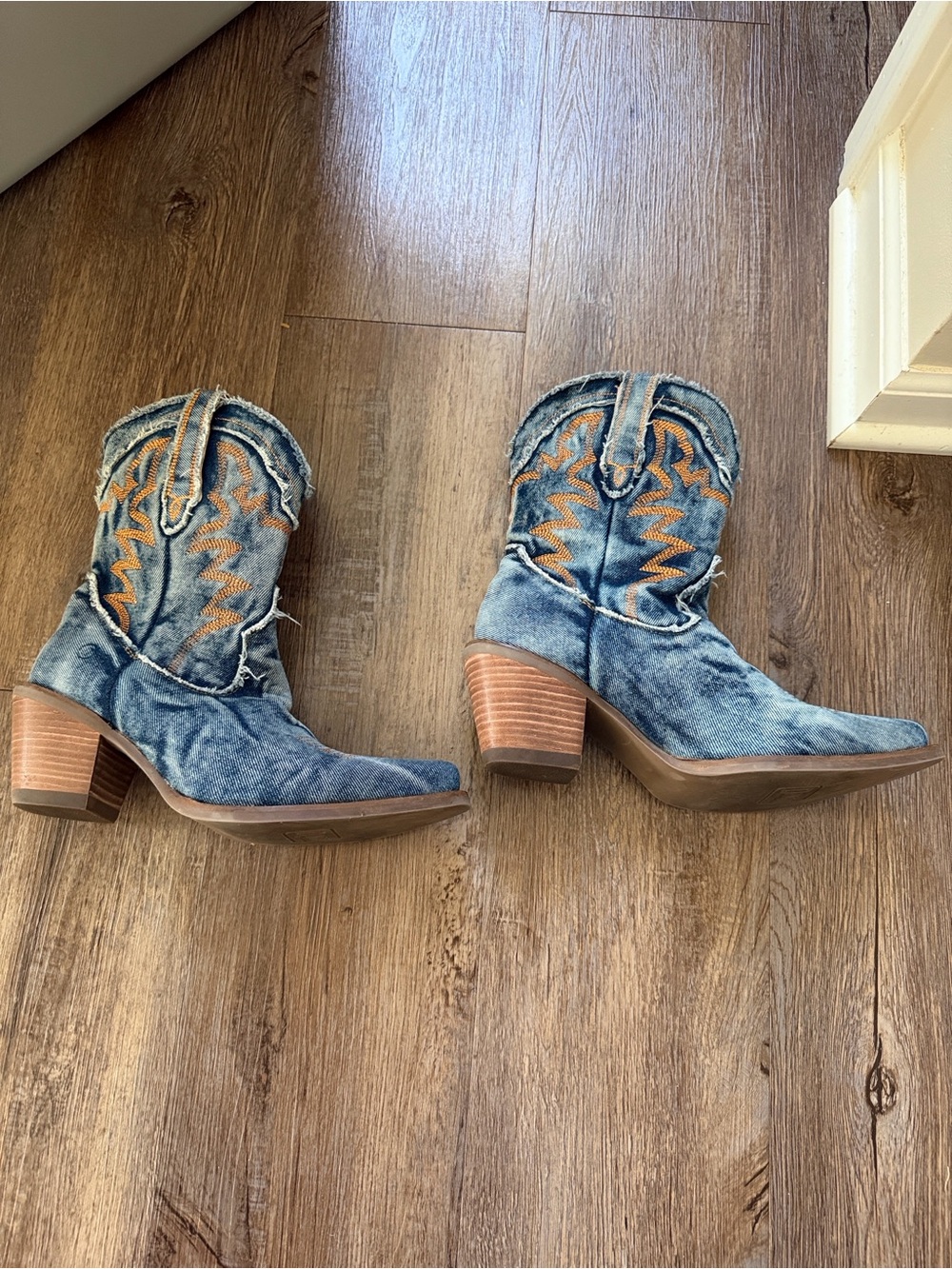 dingo Distressed Denim Western Ankle Boots with Orange Stitching